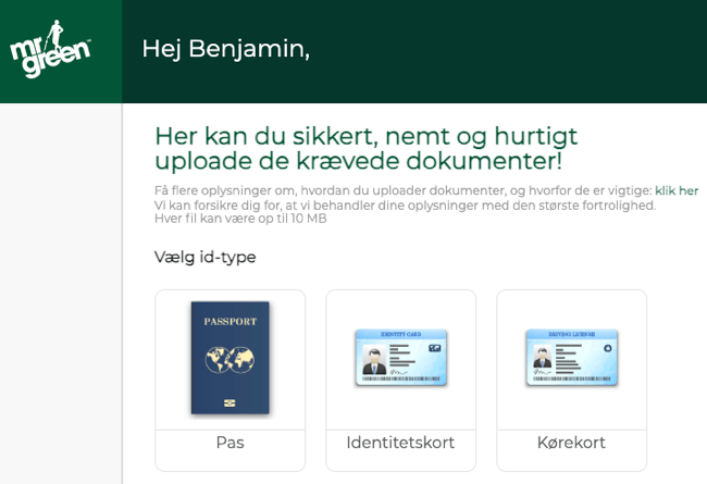 Screenshot af KYC-verificering hos Mr Green casino – dokumentupload for hurtigere udbetaling